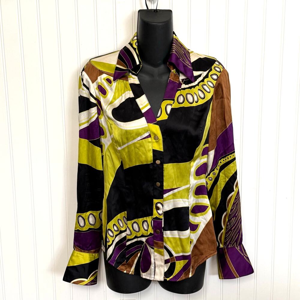 Vintage Y2K CACIQUE silk top blouse long sleeve abstract size S